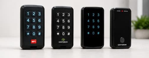 Wireless gate keypad installed beside a driveway gate